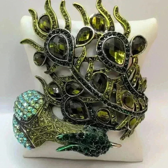 Peacock Design Rhinestone Silvertoned Clamper Cuff Bracelet Adjustable - Picture 2 of 12